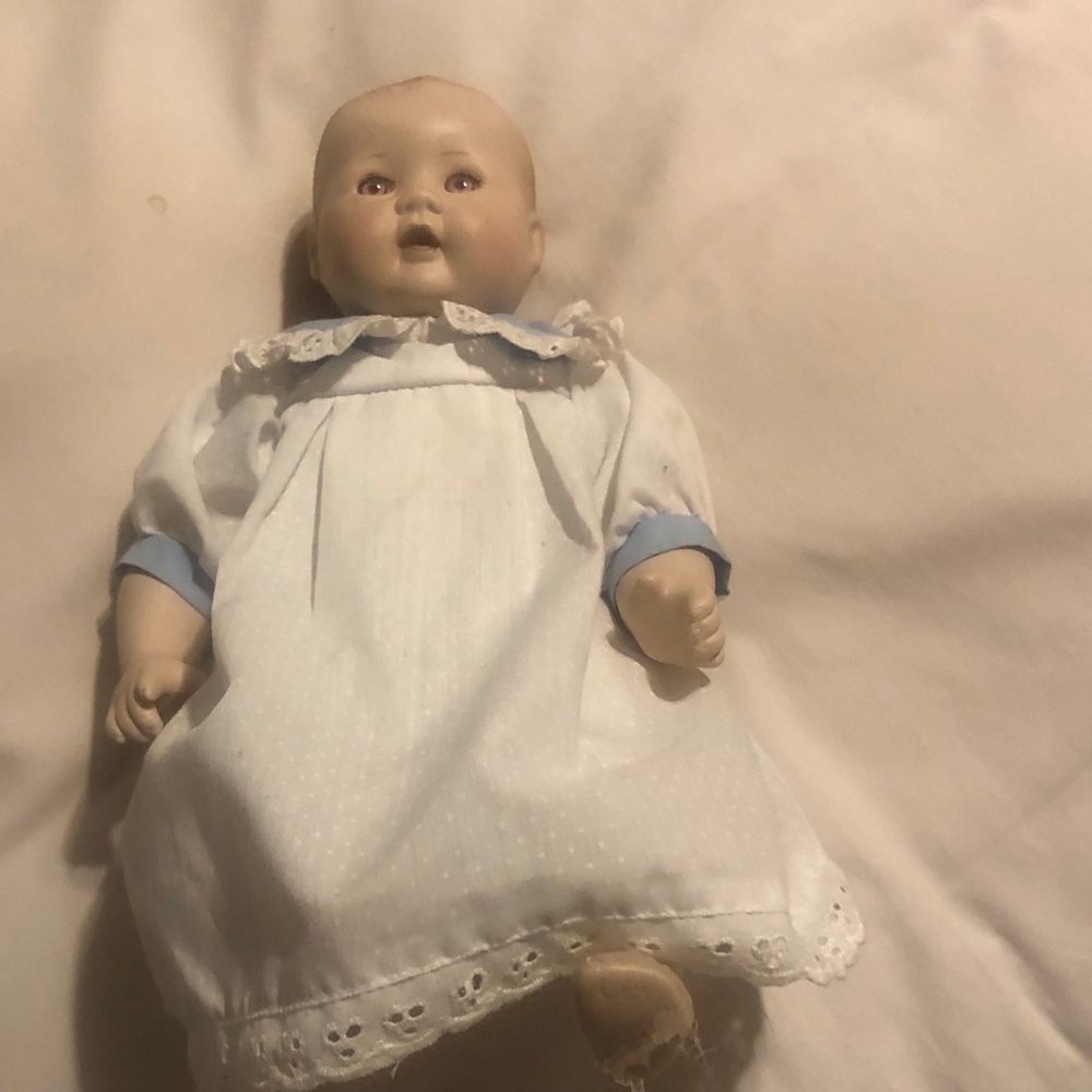 Classic Porcelain Baby Doll in White and Light Blue